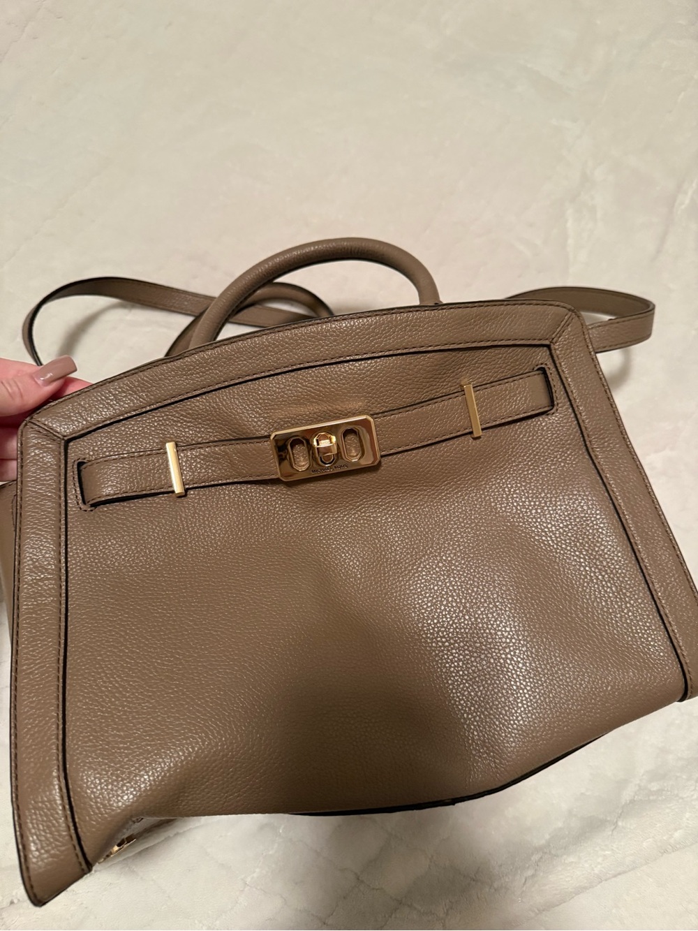 Taupe Leather Top-Handle Women’s Bag with Gold Hardware